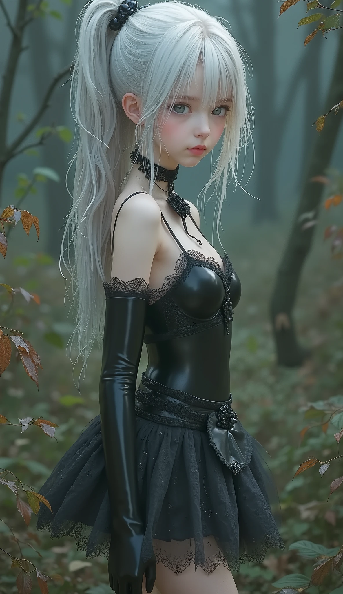 Photorealistic,RAW photo,Standing,full body shot,European girl,very Cute girl,(((Very small and skinny 1.5))),((Very small breasts 1.8)),Aqua eyes,short hair,ponytail,brown hair, blonde, silver hair, white hair,center part,((latex micro mini skirt)),garter belt, gothic,Latex gloves,saucy,very nice white skin,mystical atmosphere,dark atmosphere, gothic atmosphere, in a dark and gloomy world,romantic academia,top quality,full body shot