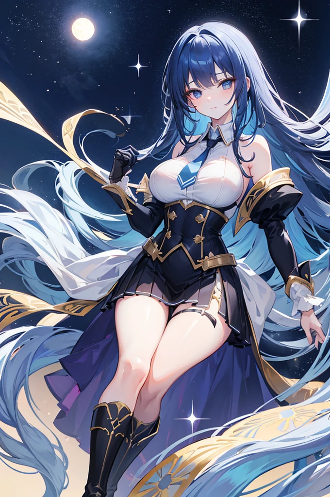 Obra maestra, La mejor calidad, 1girl, with long, iridescent hair in purple tones, azul, y verde, con un elegante traje negro, standing in a dramatic pose with one hand on the hip and the other holding a magic crystal ball. en segundo plano, A swirl of light and energy adds to the mysterious and enchanting atmosphere of the scene.. Cabello resplandeciente, sexy big breasts,sexy body,underboobs
