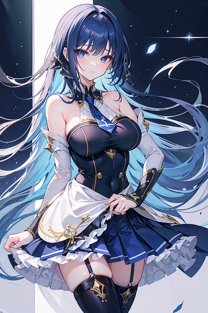1 Black-haired tall girl with blue eyes, smile, princess, long hair, her kingdom in the background, tiara, folding hand fan, (blue and black) gown, power of the blue wind, ((Masterpiece)) ((Best quality)) ((mature)) busty, upper body