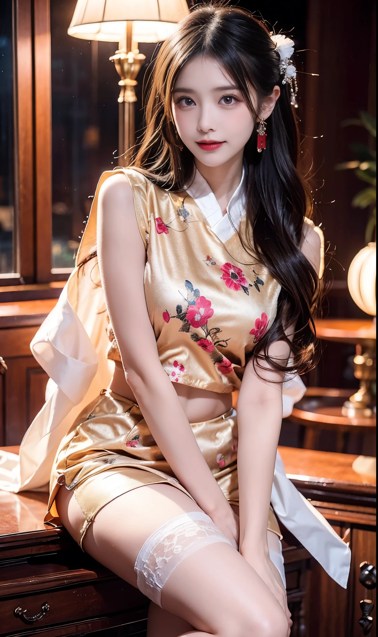 official art, All-in-one 8k wallpaper, Awesome details, beautiful and beautiful, Masterpiece, best quality, (Zentangle, argument, twisted), (fractal art: 1.4), (Role center: 1.3), 2 girls, black hair, Chinese, สไตล์เปิดflow่, short skirt, calf, navel, very detailed, Dynamic angle, cowboy shooting, (The most chaotic and beautiful form), flow, (bright colors), oak, (Medium bust), Chinese costume pajamas transparent, separate, Don't wear underwear., Showing the pussy,holding a spring festival couplet