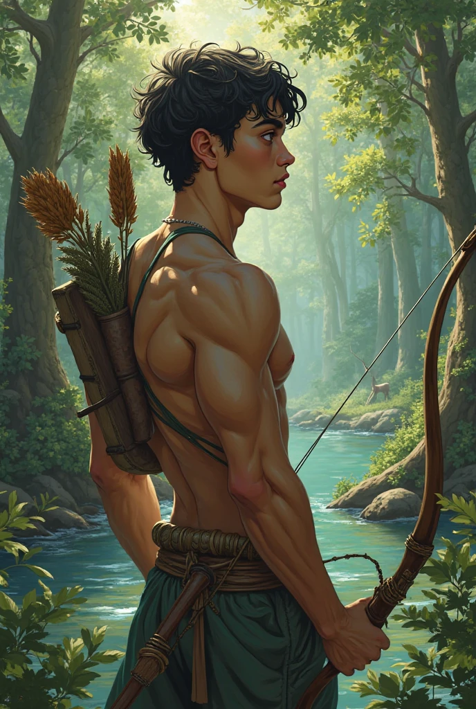 Man hanging from a vine like Tarzan、Very detailed、complicated、Lush jungle foliage、Dense forest、Warm lighting、Golden Hour、Cinematic、adventure、action、a muscular build、Sunburned skin、A look of determination、(Highest quality、4K、8k、High resolution、masterpiece:1.2)、Super detailed、(Real、Photorealistic、Photorealistic:1.37)、Concept Art、Digital Painting