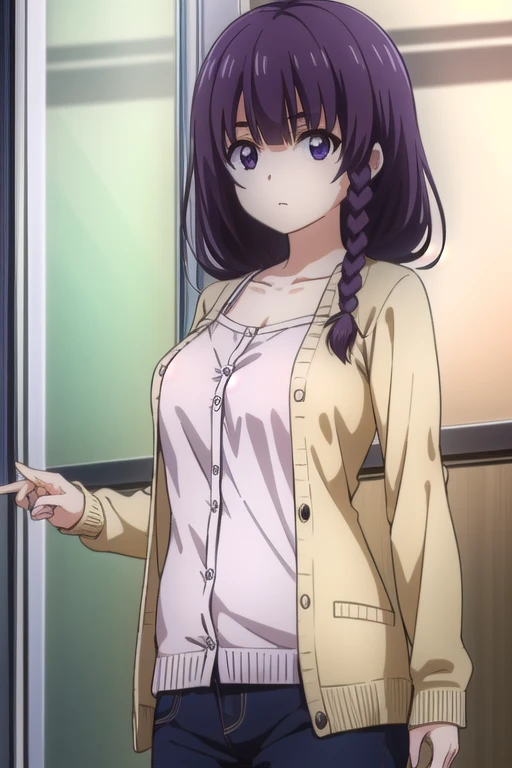 A high resolution,HighestQuali,illustratio,ultra detali,(Detailed face),(Detailed eyes),cinmatic lighting,best quailty,ultra detali,tmasterpiece,Fine lines,1girlhugebreasts,独奏,purple color hair,Purple eye,White coat,Pink shirt,jewelry,choker necklace,gloweyes,llight rays,(a color),Upper body body,inside room,liveroom