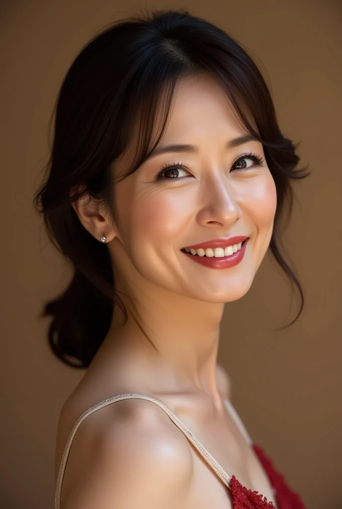 lingerie、Emphasize the chest、bed、smile、High resolution、Japanese、double eyelid、White teeth、Medium Hair、Black Hair,45 years old,E cup breasts,Big Breasts.Natural Makeup