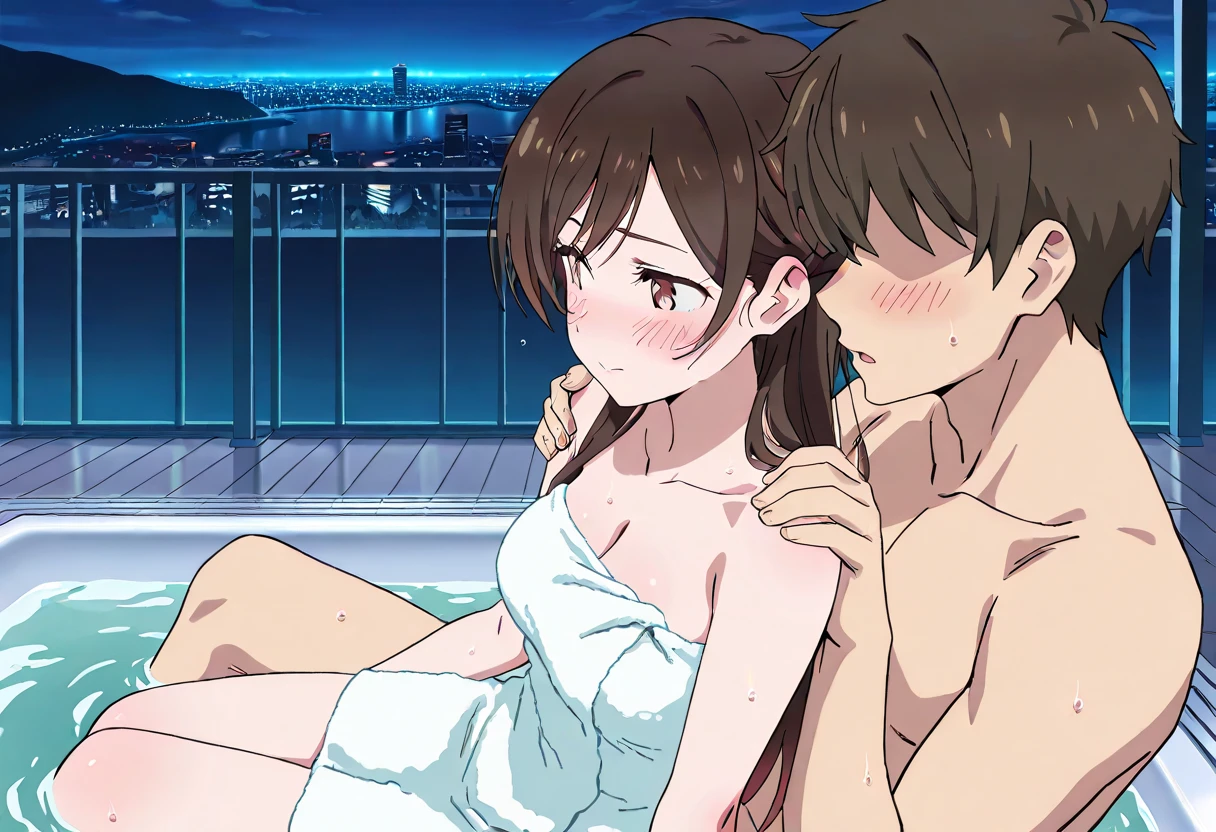 1boy, nude, muscular, Brown hair, boy behind girl, touching chest, breatsgrope from behind, grab, grabbing chest,chestgrab behind back, hold breast, hug back, hugging, neck kiss, 1girl, light maroon hair, long curly hair,two strands framing her face, two strands of hair framing her face, Brown eyes, light pink lips, smile, medium breast, pink nipples, nipples, bedroom, night, perfect anatomy