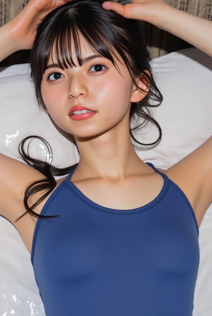 (masterpiece), high quality, high resolution, 8K, Slender Japanese lady, 30 years old, correct human anatomy, {short|long} hair, detailed face, closed eyes, wearing swiming wear, lying on her back on the bed in a hotel, (spreading legs wide: 1.2), sleeping, full body photo
