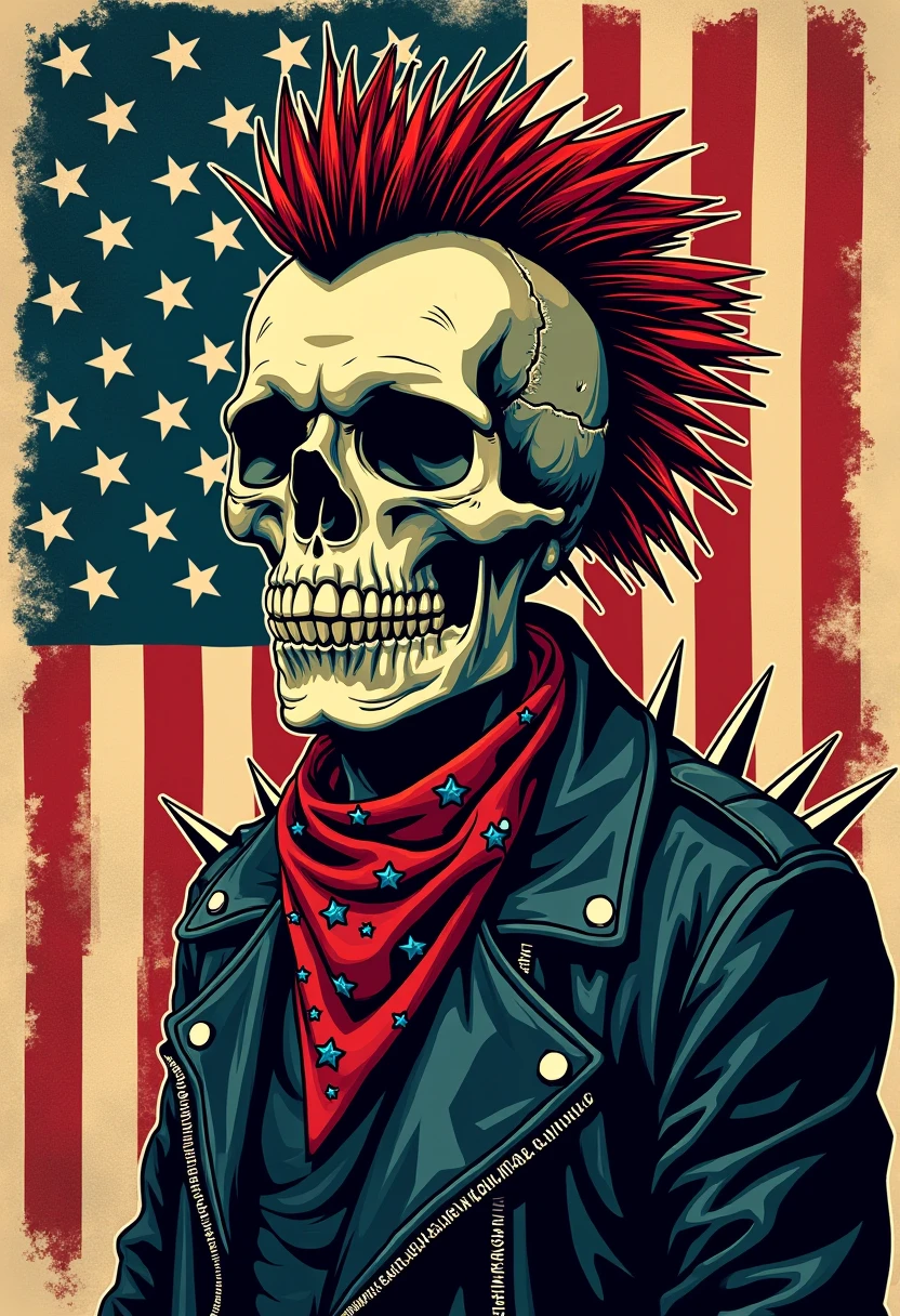 This image is a punk rock style artistic illustration featuring a human skull with a very iconic and striking appearance. Here is a detailed description :
Tengkorak: Appears to stand out with a creepy yet stylish expression, facing left.
Rambut: Very high and sharp mohawk style, khas punk, looks like thorns or rays spreading from the head.
Head Accessories: Wearing a bandana patterned with stars, impresses patriotic elements or American symbols.
Pakaian: Leather jacket with large protruding spikes, emphasizes punk rock or biker style.
background: There is an element of the United States flag with a stripe and star motif, but depicted in a grunge or broken style, gives the impression of rebellion and anti-authoritarianism ism.
The whole feel of the image is dark, keras, and full of rebellious spirit typical of punk subculture. Style the visual is similar to classic metal or punk band poster art.