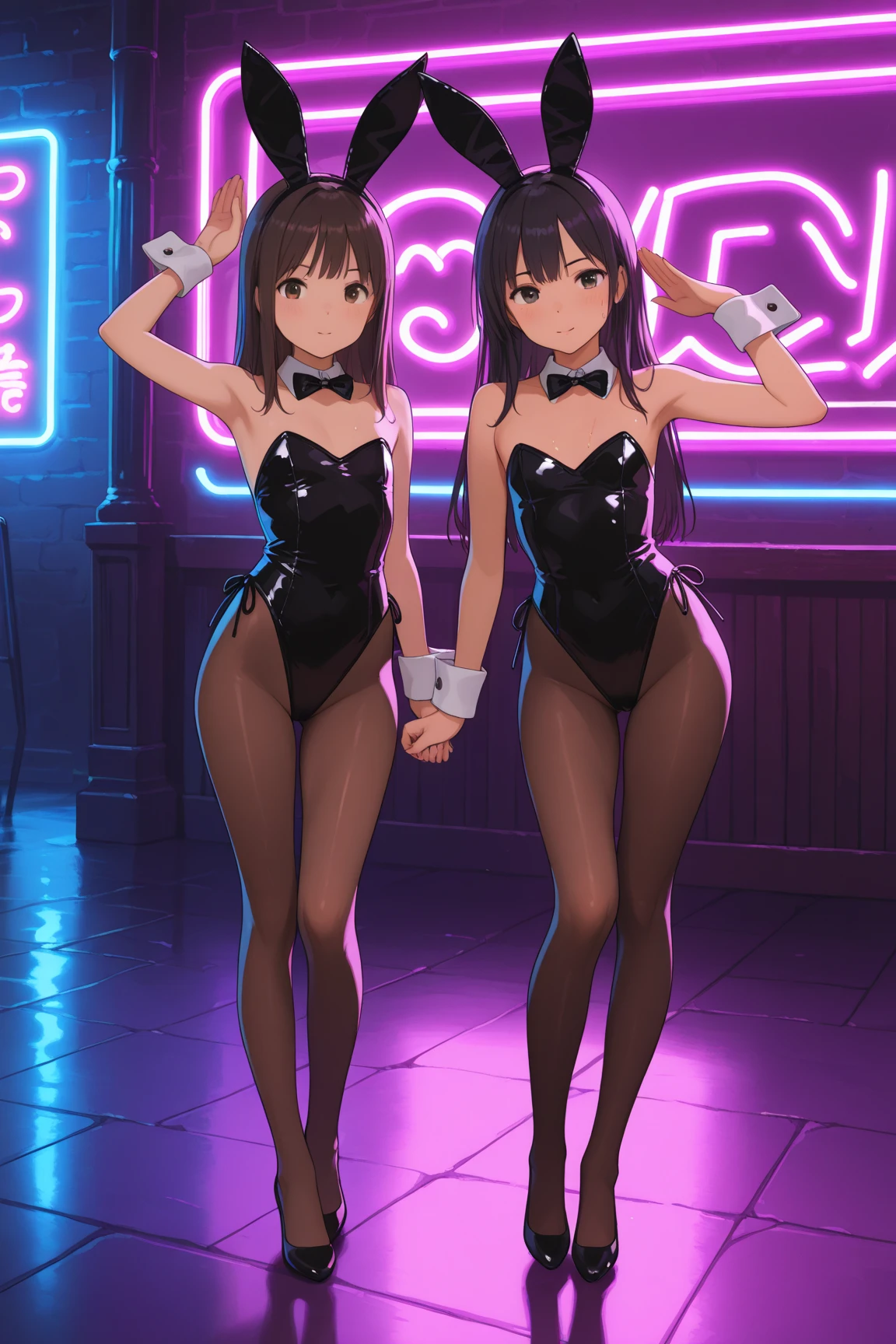 ((3girls))、bunny girl、white rabbit ears、wrist cuffs、black leotard、sagging breast、(milf、Mature Woman:1.3)、Black fishnet stockings、garter belt、blue_archive、(((Ichinose Asuna、Blonde、long hair、hair over one eye、Light blue bunny suit)))、(((Ganyu Ako、Light blue hair、Short Hair、Light blue eyes、Light blue bunny suit)))、(((Hasumi Hakawa、Black Hair、long hair、Black Eyes、White bunny suit)))、Halo、casino、casino、casinoテーブル、Black high heels