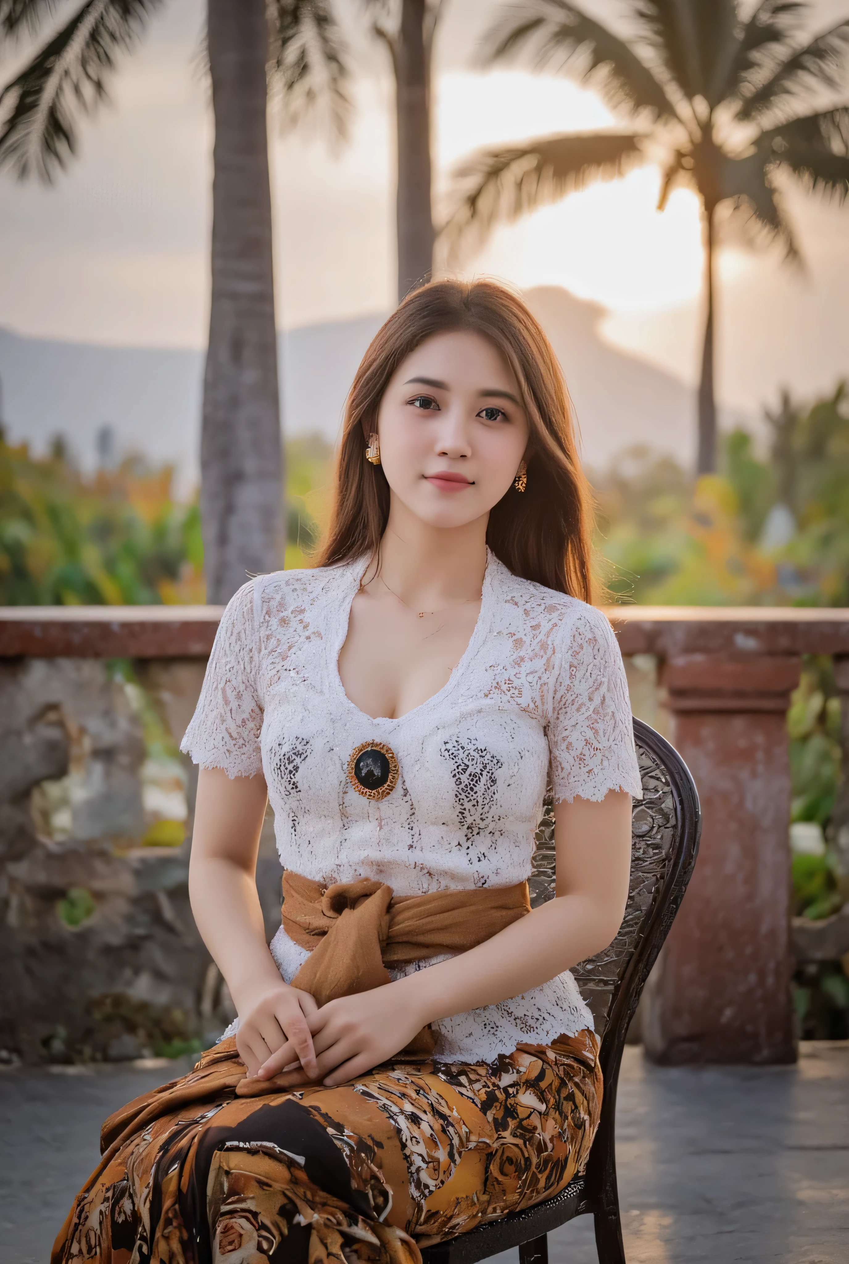 A beautiful girl,slightly chubby with black earrings dan black necklace, litle smile.sitting relaxed enjoying in iron chairs in the beach, coconut trees, sunset, Mountain