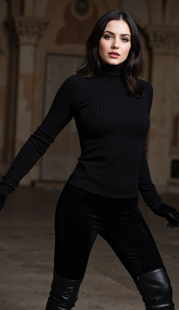 Seductive tease, She wears: (turtleneck crop top tight high ribbed tight sweater:1.1), submissive seductive pose, high tight ribbed neck, on her knees looking up, wearing sexy frilly panties