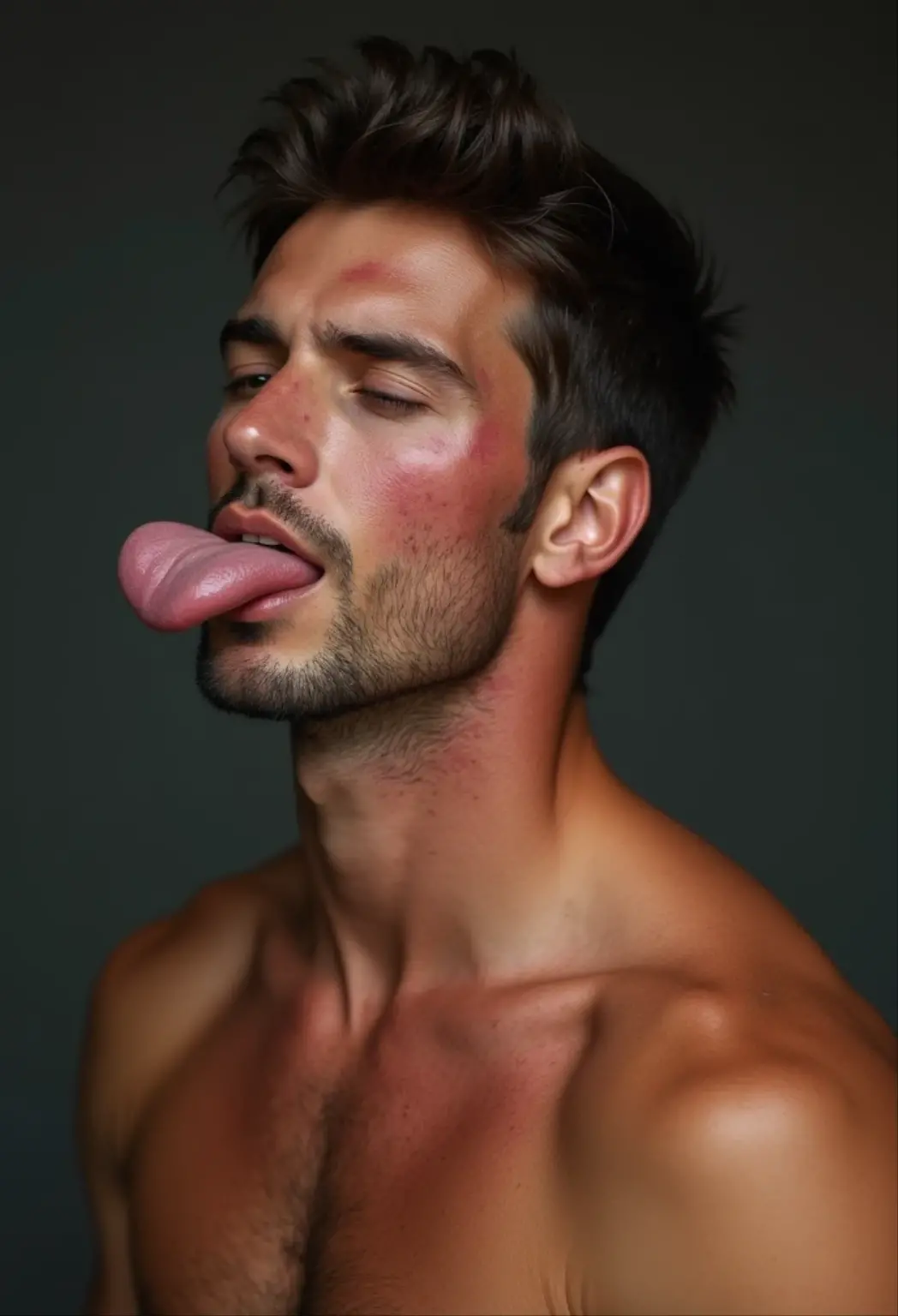 Make a handsome shirtless man with  (semen) in the face and with the tongue out