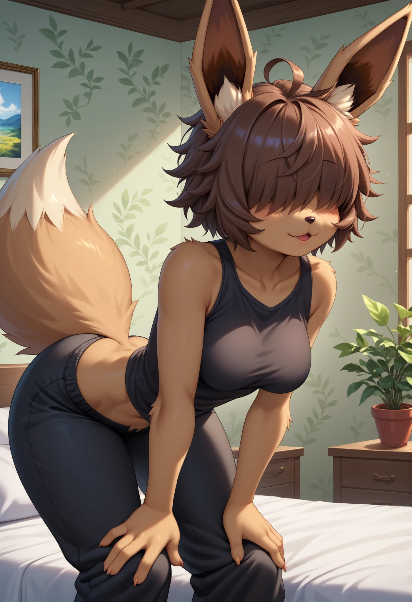 score_9, score_8_up, score_7, solo, source_anime, source_furry, (beautiful, detailed background, digital artwork, digital art, well shaded artwork, depth, detailed artwork)1.2, 1girl, female, furry, anthro, eevee, bedroom setting, medium breasts, natural breasts, wide hips, thick thighs, brown hair, short hair, messy hair, (hair covering eyes), black sleeveless shirt, baggy pants (black pants), bent over, hands on thighs, 19-year-old girl