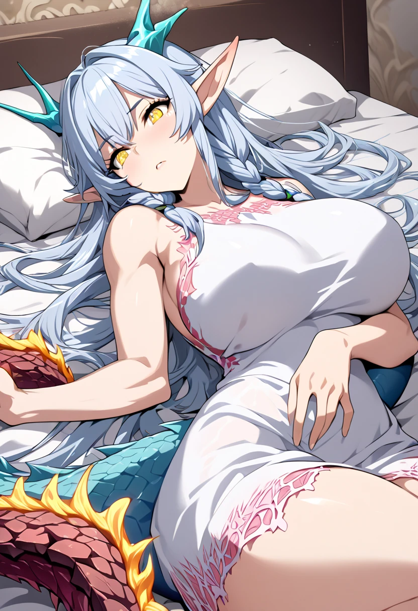 (beautiful and aesthetic:1.2), (1 menina), extremely detailed,(fractal art:1.3), cute young girl , light blue hair, long hair, hair with small braids, yellow-eyed appearance, elf ears, tail, Dragon's thorn, Muscular Body, big breasts, use toalha, Sleep in the bed