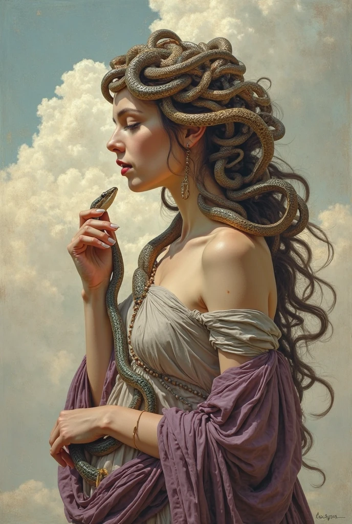 Medusa, woman with snakes in her hair, holding a snake, profile view, serene, contemplative expression.  Complex drapery, muted, rich colors, golds, purples, muted blues, and earthy tones.  Many detailed snakes in various shades, coiled and flowing around her head and draped around her body.  Draped fabric, elegant and flowing, exhibiting rich textures and folds.  Light source from above, casting soft shadows.  Composition is balanced, with Medusa and snakes filling the majority of the image.  Background is a light pastel sky with soft, diffused clouds.  Classical mythology style, baroque influences visible in the rich details and composition.  Detailed rendering of textures, highlighting smooth skin, flowing fabric, and reptilian scales.  A delicate balance of serenity and power. Detailed perspective.