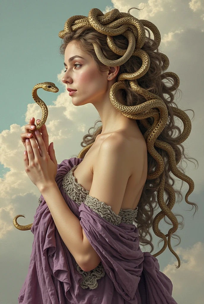 Medusa, woman with snakes in her hair, holding a snake, profile view, serene, contemplative expression.  Complex drapery, muted, rich colors, golds, purples, muted blues, and earthy tones.  Many detailed snakes in various shades, coiled and flowing around her head and draped around her body.  Draped fabric, elegant and flowing, exhibiting rich textures and folds.  Light source from above, casting soft shadows.  Composition is balanced, with Medusa and snakes filling the majority of the image.  Background is a light pastel sky with soft, diffused clouds.  Classical mythology style, baroque influences visible in the rich details and composition.  Detailed rendering of textures, highlighting smooth skin, flowing fabric, and reptilian scales.  A delicate balance of serenity and power. Detailed perspective.