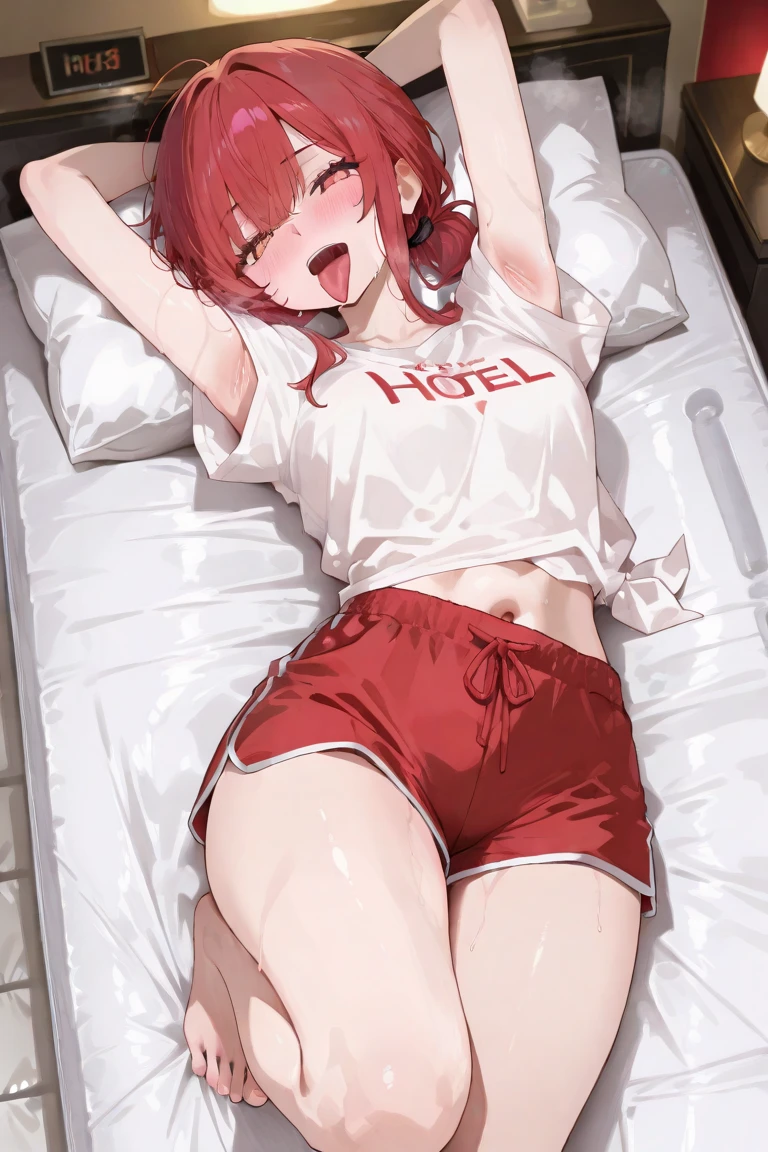 Hutao lies on the bed with red ears, red and white liquid sweat, legs spread open
