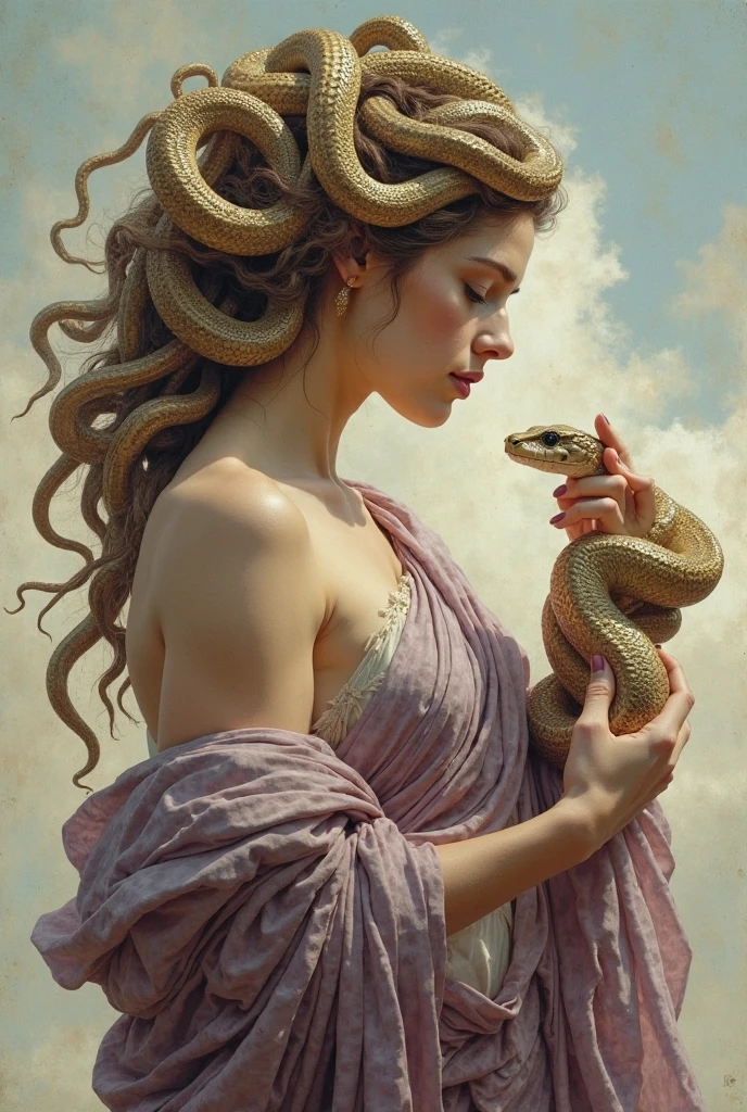 Medusa, woman with snakes in her hair, holding a snake, profile view, serene, contemplative expression.  Complex drapery, muted, rich colors, golds, purples, muted blues, and earthy tones.  Many detailed snakes in various shades, coiled and flowing around her head and draped around her body.  Draped fabric, elegant and flowing, exhibiting rich textures and folds.  Light source from above, casting soft shadows.  Composition is balanced, with Medusa and snakes filling the majority of the image.  Background is a light pastel sky with soft, diffused clouds.  Classical mythology style, baroque influences visible in the rich details and composition.  Detailed rendering of textures, highlighting smooth skin, flowing fabric, and reptilian scales.  A delicate balance of serenity and power. Detailed perspective.