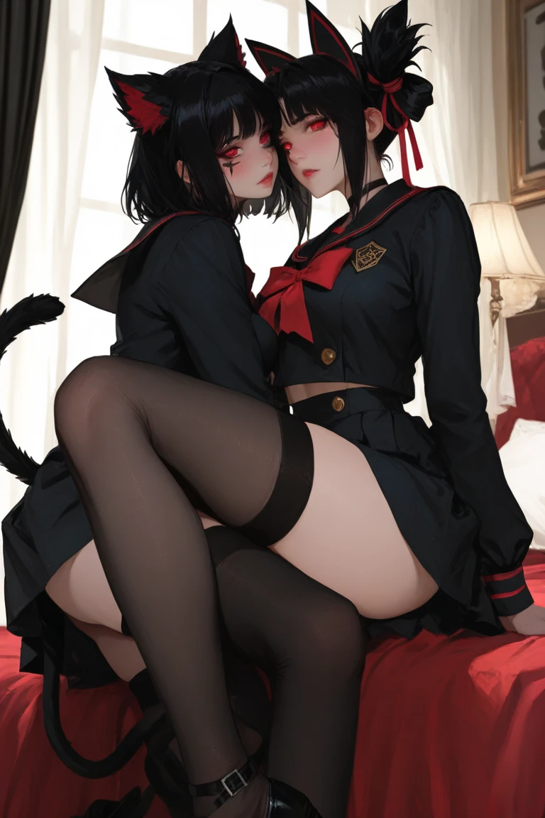 Meninas de Anime em uniformes de empregada deitadas em uma cama com as pernas cruzadas, anime maid ss military, Ecchi, bochechas brancas, Popular em Pixiv, Estilo Ecchi, na empresa pixiv, garotas de anime, estilo anime Ecchi, fanart de alta qualidade, Melhor Avaliado em Pixiv, lesbian art, Anime Maids montando tanques antigos, black-white skintight robes!