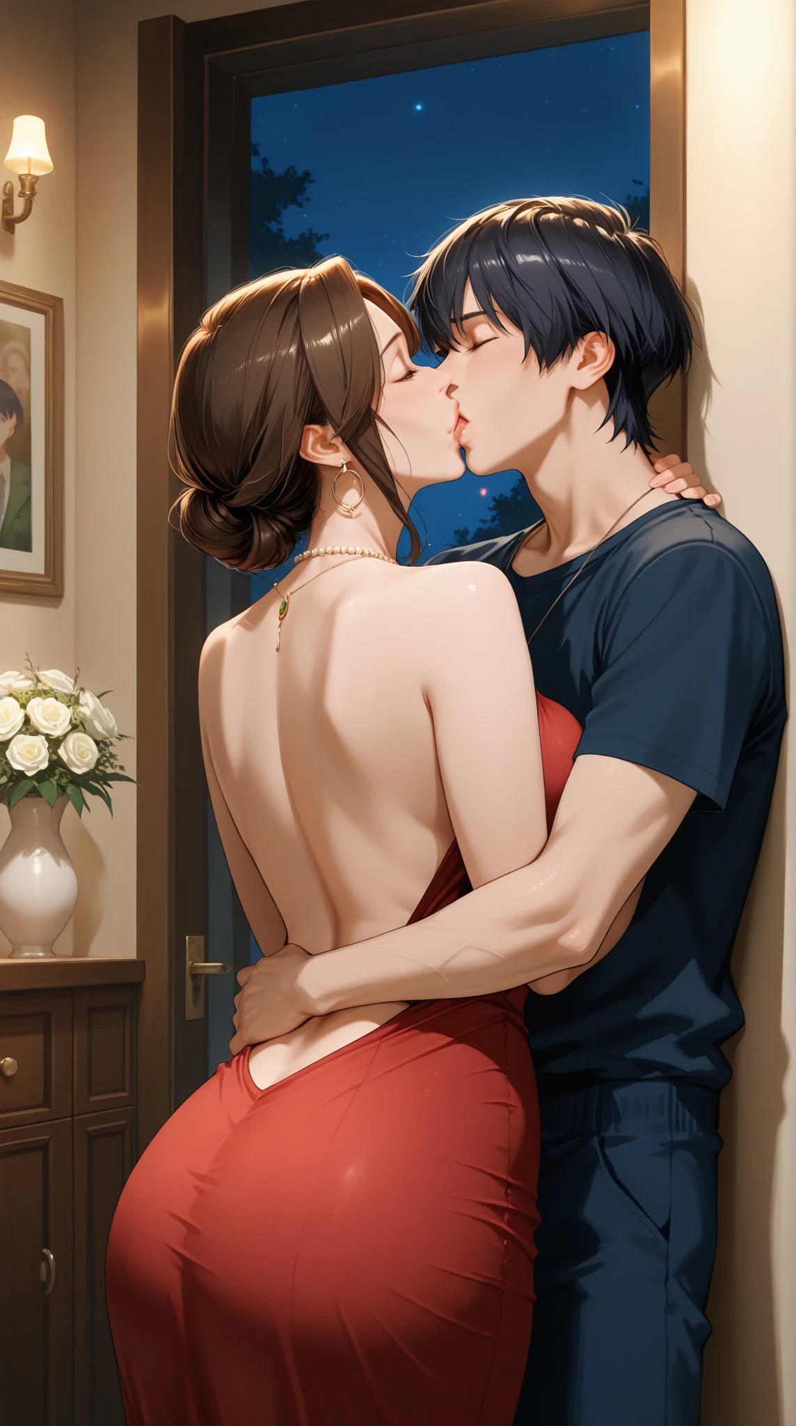 ((Highest quality)), ((masterpiece)), (detailed), (a mature goddess and a young man), (face focus), beautiful, 32-year-old goddess, long shiny brown hair, ((goddess in sleeveless red dress)), hair tied up, medium breasts, incoming kiss, closed eyes, he sofa, ((young man in white shirt)), embarrassed, in heat, sweat, ecstasy, living room, nipples visible through red dress, oral invitation,