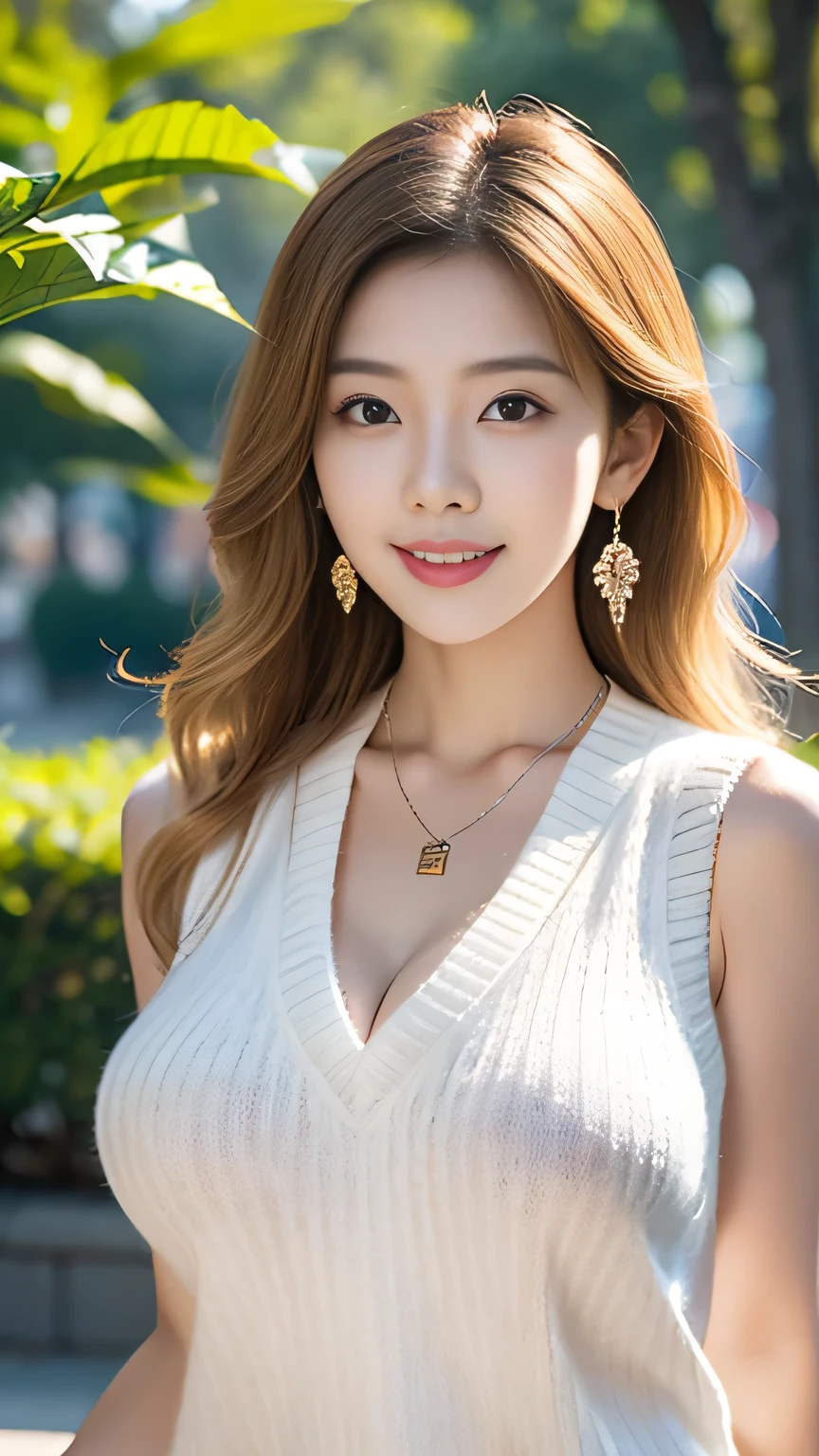 anatomically correct 5 fingers beautiful Korean woman in front of the machine blonde blonde hair wavy hair (((Sleeveless Summer Sweater))) earrings thin necklace Big Breasts Sensual Body looking at the camera smile Take a commemorative photo in the shade of a park with lots of greenery