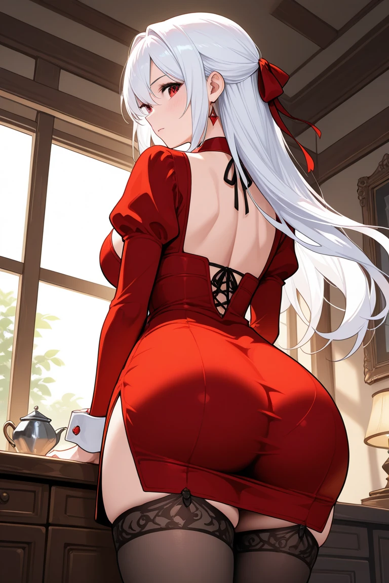 (1girl), red eyes, mature, mole onder eye,white hair, pigtails,  very long hair,, x ornament, big lips, pretty lips, ((gyaru)), gyaru hairstyle,good hips and long legs, hourglass shape, pretty face with arms and legs, 2 4 year old female model, sporty, photo of slim girl model, sexy, 1girl,aajuvia, long hair, pink babydoll dress latex, thick thighs,big breasts,wide hip,half closed eyes,smug,(smirk),happy expression,room,bed,(foreshortening),(from behind:1.4),looking at viewer,camel toe,masterpiece,extremely detailed CG unity 8k wallpaper, best quality,32k,focus sharp, prone,ass, on stomach,back, from behind, foreshortening , facing away