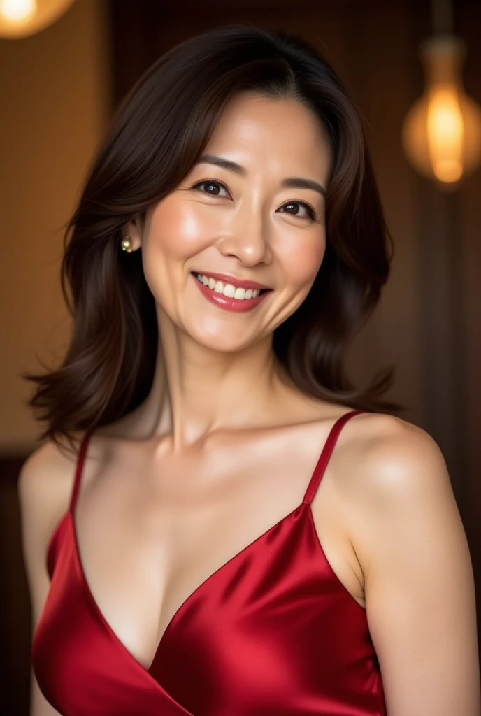 Masseter Film, highest quality, masterpiece, High resolution, realism, Original photo, 8k wallpaper, perfection, Professional Lighting, Very detailed, Written boundary depth, ((Beautiful woman)), ((Sexy 40 year old woman in red)),, ((smile)), Detailed face, Beautiful Eyes,, bangs, A photo of your face, (sexy look), Voluminous long brown hair, (Thick lips), View your viewers