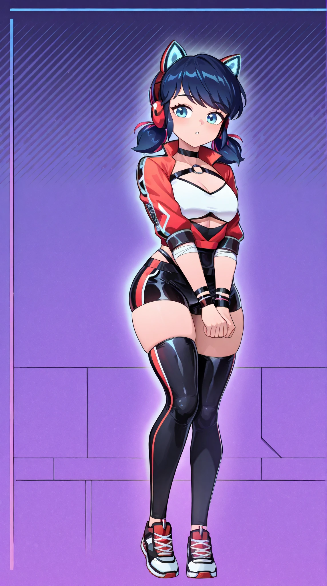 20 year old woman, busty, large breasts, bubble butt, hourglass figure, skinny, blushing, shocked expression, horny, seductive, short hair, black hair, red streaked hair, bangs, wearing, biker jacket, cropped leather jacket, red tank top, black denim hotpants, booty shorts, transparent stockings, tight fitting clothing, cleavage, flat colours, anime, ecchi anime style, at rave, nightclub, heavy makeup, kissable lips, punk, punk style, punk hair, hentai, manga, ahegoe, random porn pose, ruby rose, rwby, aerith FF7, Aerith Gainsborough