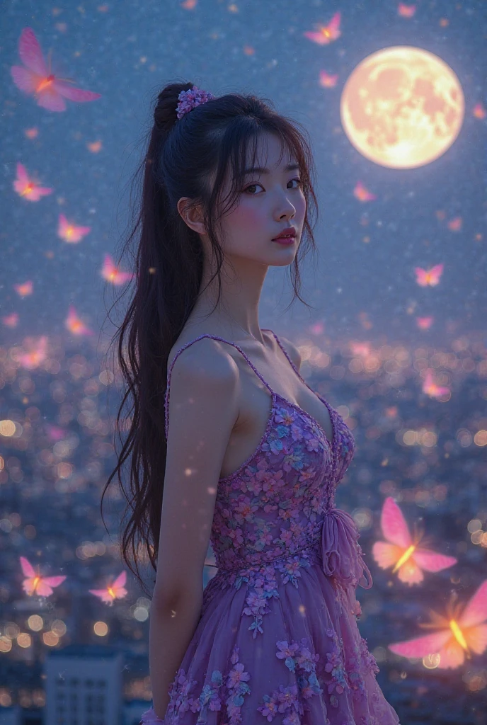Low angle shot, cowboy shot, award-winning glamorous photography,((best quality)), (((masterpiece)), ((realistic)), beautiful 28-year-old woman, (long brown hair), brown eyes, perky breasts, innocent, (Low angle shot), a beautiful brunette woman twirling and dancing on a lawn in the moonlight, ((her head tilted back)), ((eyes closed)), wearing a see-thru, semi-transparent summer dress with a tiny blue and purple flower print, a summer night, dark sky, dark starry sky, dramatic composition, epic scale, sense of awe, ultra-high res.photorealistic:.1.4, (high detailed skin:1.2), 8k uhd, dslr, high quality, film grain, Fujifilm XT