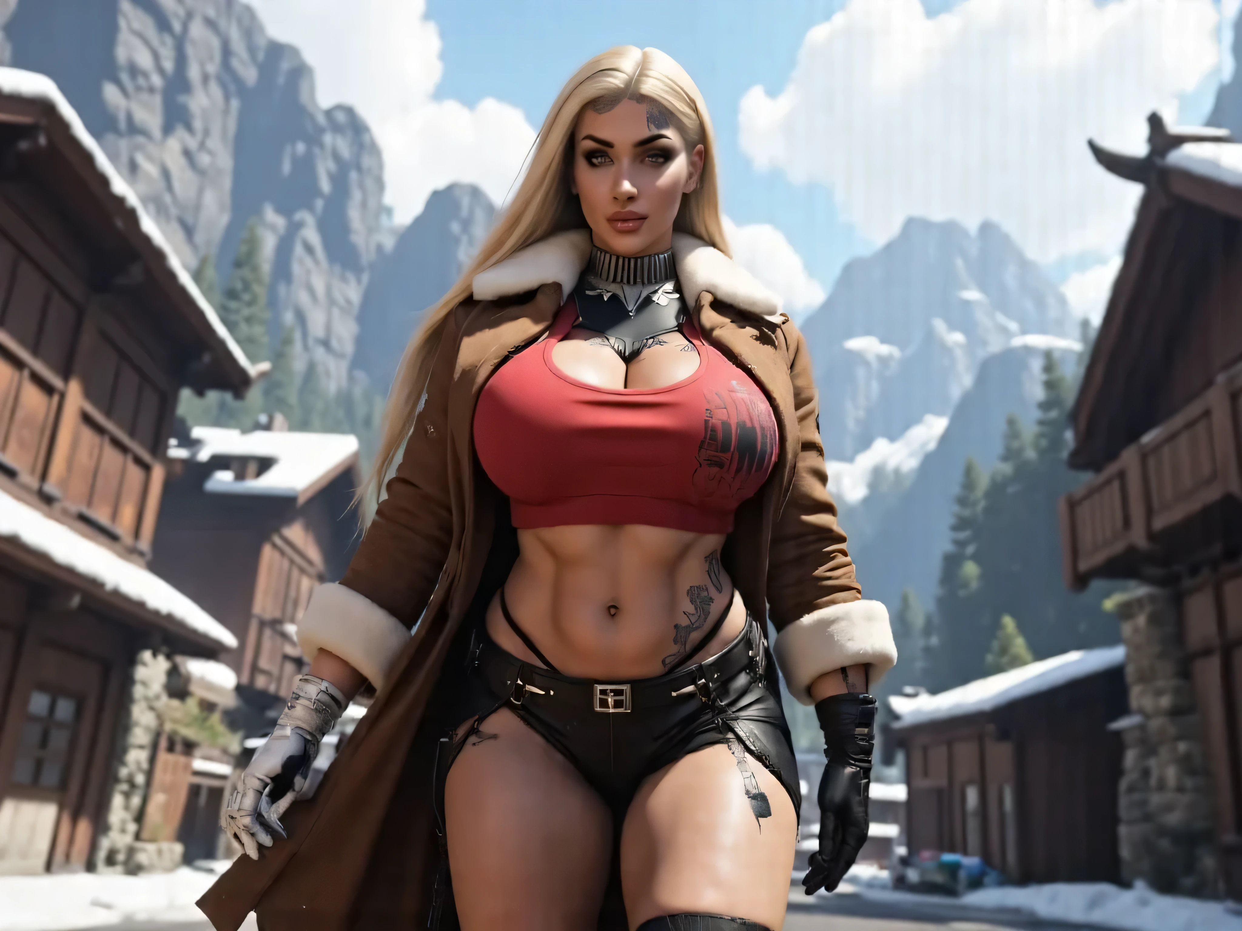 ((best quality)), (Masterpeace, high quality, high resolution, realistic photo, photography, detailed, no tattoos on face), 1 japanese porn star women fighter gangster , age from 30 to 36 years old, porn star Xo Gisele, 8k_wallpaper, extremely detailed eyes, (large masterpiece digital art), (intricate details:1.3 ), (ultra-detailed:1.3), (sharp focus:1.3), (natural lighting:1.05), (vivid colors:1.3), (best quality:1.4), HDR, studio lightings, expressive eyes, full body shot, detailed face, beautiful face, perfect face, impudent rude predatory and vulgar look with a predatory fanged smile, smiles predatorily with passion in the eyes, ((long and voluminous sandy colored hair)), (korean light predatory and daring makeup), {{wet light bronze skin}}, ({wet light bronze skinned female}), (big breasts), huge chest, (pelvis widens:2.4), big ass, powerful and defined abdominal and leg muscles, She is wearing an open brown suede winter coat with a white fur collar and rolled up sleeves, a torn red cotton crop top under which the outlines of large nipples protrude, a high thick silver steel collar with short spikes, torn leather mini shorts, a black lace garter belt and fishnet stockings, high leather boots, a deer skin hiking backpack, she walks along the street of a northern medieval fantasy town, with dense forests and high mountains visible behind the houses, adventure, sunny day, ultra-realism, hyper-realism, cinematic, erotic fantasy, Chinese style,