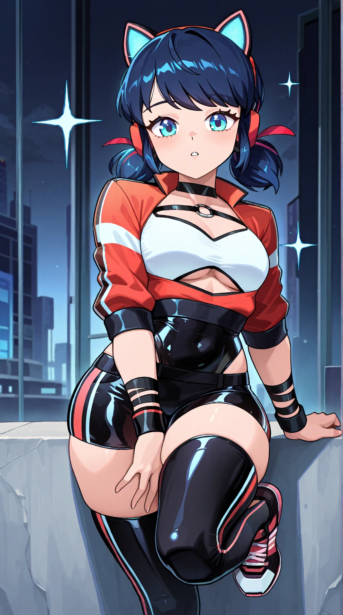 masterpiece, best quality, 1man, 1girl, dark blue hair, half buzzcut hairstyle, red bolero jacket, short shorts, loose socks, sneakers, huge breasts, shiny skin, vivid colors, paint splashes, having sex with a man, legs are open,(Being stroked by man's crotch), Ridiculous resolution, exposed vaginal sex, bukkake, jacket is unzipped, outside in a dark back alley, night time, from the side, looking at viewer, deep cleavage, necromunda, house escher, punk girl, muscular woman, abs, reiq