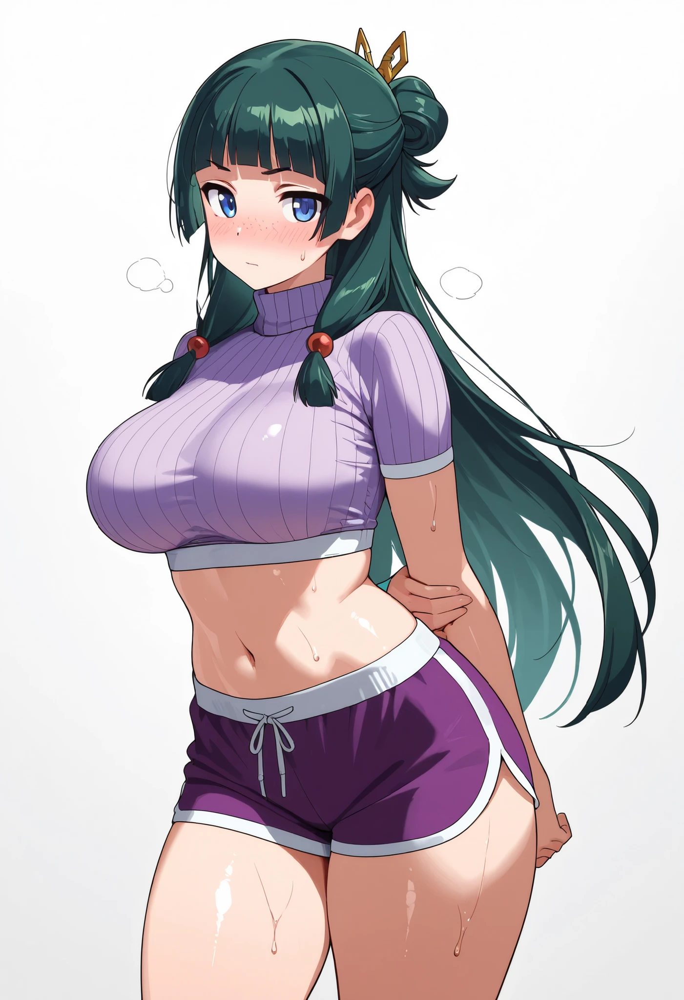 score_9, score_8_up, score_7_up, score_6_up, score_5_up, score_4_up, masterpiece, high quality, BREAK, 1girl, navel, midriff, rounded breasts, thick breasts, sfw, looking at viewer, nose blush, shiny legs, shiny body, shiny hair, clear skin, clear body, sweat, sweaty, sweaty:1.3, large breasts, white background, simple background, thick thigh, thick thighs, standing, nice legs, solo, maomao, long hair, bangs, blue eyes, hair ornament, green hair, blunt bangs, freckles, hair bun, single hair bun, large breasts, wearing a tight, ribbed pink turtleneck crop top and short purple gym shorts with white trim and drawstring, standing in a relaxed pose with one hand behind her back. Long flowing hair,. Soft lighting with sharp shadows on a white background. Anime-style, high detail, clean lines, smooth shading, ultra-high resolution, COWBOY SHOT