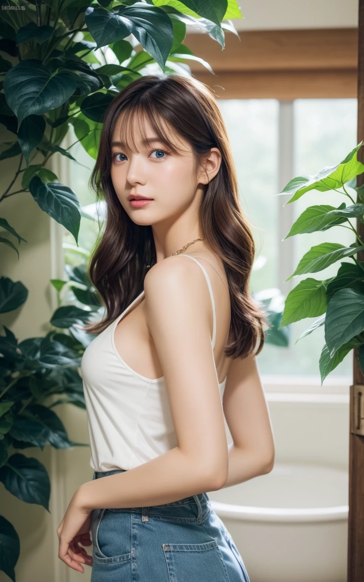 Realistic, High resolution, 1 female, Glowing Skin, alone, Wide lips,Beautiful breasts,Idol body type,round face,she,Realistic skin texture,Genuine,Detailed face,high school girl,Dynamic Pose,肌のshe,Black Hair,Wavy Hair,Tropical Sea,Realistic skin feel,Glowing Skin