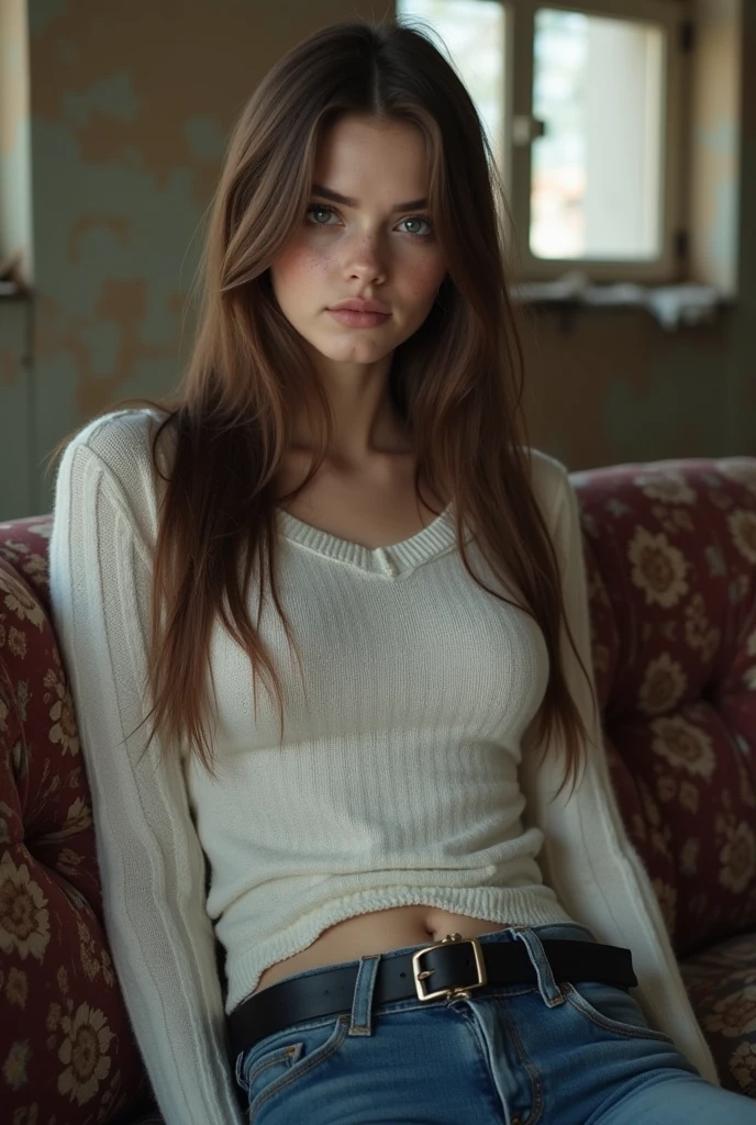 Barbara Palvin, ((17 years old, long flowing dark brown hair, pale skin, freckles)), Hourglass, seductive, half body picture, Detailed skin, Looking at Viewer, Perfect Style, hoodie, jeans