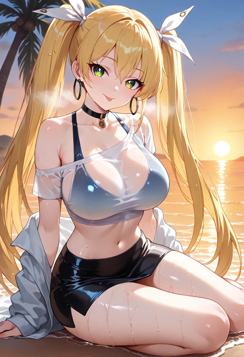 23-year-old woman, blonde hair, hair tied in a side ponytail, sensual neckline, transparent silk blouse, medium breasts, pointed nipples, nipples marked on clothing, facing the viewer, ultra high definition, 4k image, character close to the camera, V-shaped panties, red panties, low-waist panties, on the shore of a lake,