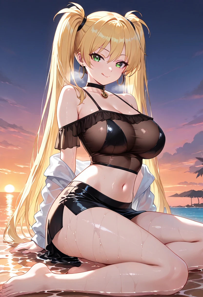 nsfw:1.6, Top quality:1.2, best quality:1.6, ultra high resolution, masterpiece:1.5 ,4K, 8K, 32K, detailed lighting, shaders, perfect anatomy, perfect proportions, highly detailed, ultra detailed, super detailed:1.2, perfect eyes, perfect face, very delicate and beautiful, illustration, sharp focus, very beautiful and detailed anime face, very detailed eyes, cute:1.4, impressionistic:1.2, blurred background,
BREAK
1 woman, (Beautiful busty woman in her 20s:1.3),(dark skin:1.6), (Perfect proportions: 1.6), (Small pink areolas:1.4), (Pointy upward nipples:1.2),(Full and beautiful breasts: 1.7), (Perky breasts: 1.7), (Thin waist: 1.2), (Slender figure: 1.2), (beautiful buttocks:1.4),
BREAK
(Beautiful blonde hair: 1.6),(Semi long straight hair:1.2), (Bangs swept to the side, showing forehead: 1.5),
BREAK
(Happy smile:1.2), (embarrassed), (blush)
BREAK
(white short hot pants:1.3), BREAK (sleeveless tight black T-shirts:1.3), (A short T-shirt that reveals her chest:1.4) BREAK (shirt lift, revealing her breasts and nipples:1.7), (topless:1.7), (White choker:1.4) (Necklace, bracelet, anklet: 1.4),
BREAK
(armpit), (looking viewer)
BREAK
(Cowboy shot:1.4), (back view:1.3),
BREAK
(Beautiful beach), (Sandy beach:1.3), (peer), (yacht), (pink sky:1.3), (palm trees), (real depiction of water surface)
