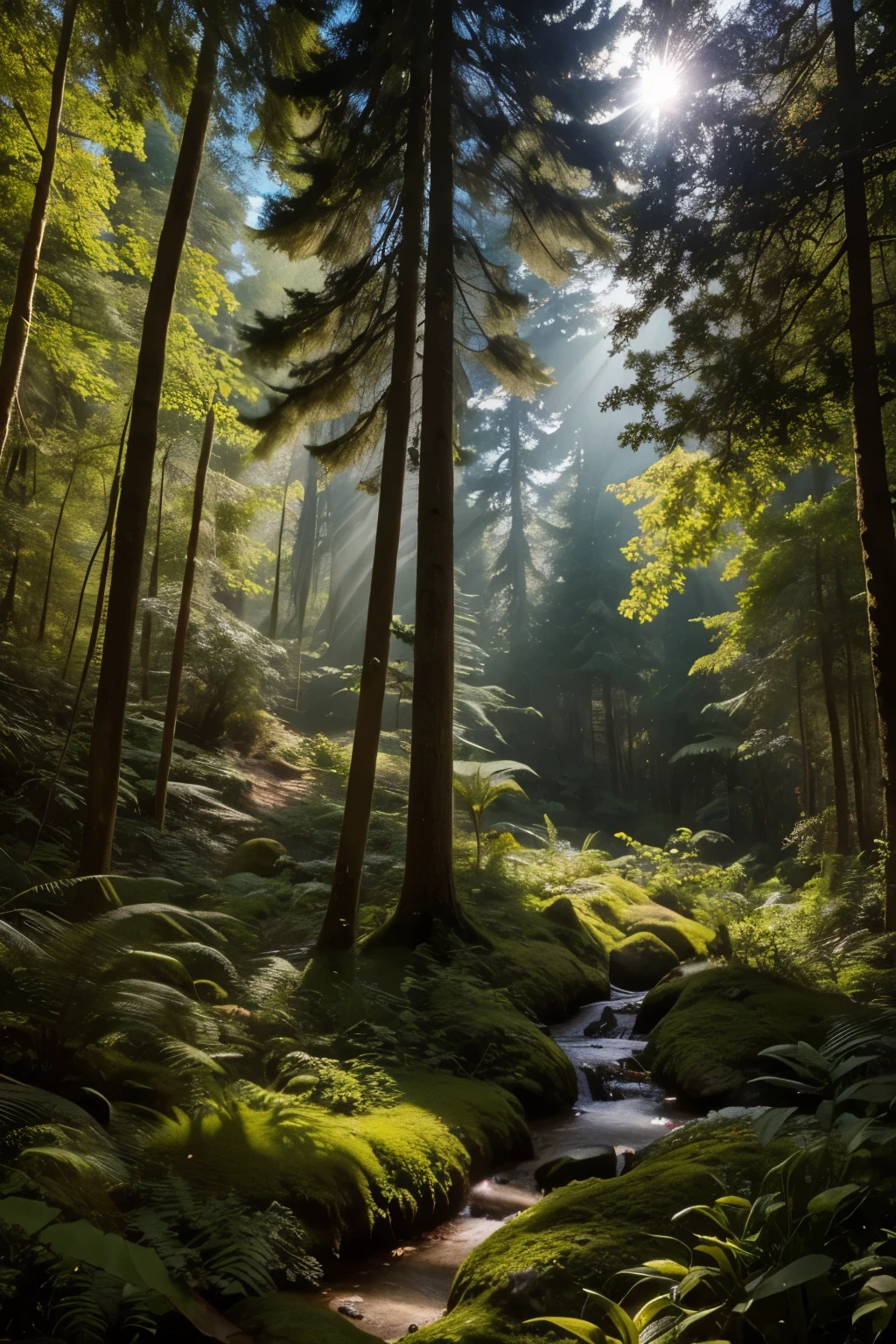 In this enchanting scene, the camera is situated among treetops, offering a low-angle perspective amidst a whimsical atmosphere. The composition features a kaleidoscope of vibrant flowers swaying gently in the breeze, with towering trees stretching towards the sky and magical beings hidden amongst the foliage. Soft, diffused light filters through the canopy, casting dappled shadows across the forest floor. As the camera captures every detail in 8K resolution, delicate petals of seven-colored flowers and enigmatic expressions of mystical creatures come into sharp focus.