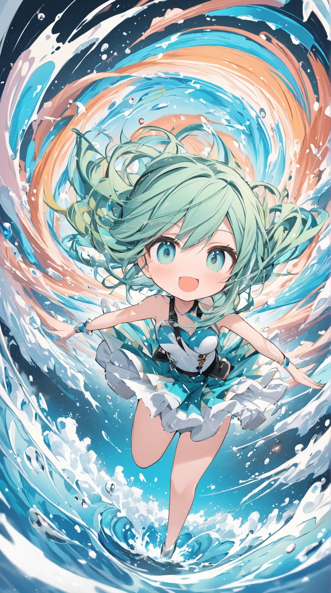 {{illustration}},{{{masterpiece}},{{best quality}},{{official art}},{very detailed CG Unity 8k wallpaper}}},{{{art book}}},1girl,mint hair,long hair,side ponytail,aqua green hair,swimsuit,sexy,mint blue background,medium breasts,mint blue,white skin,white swimsuit, virgin, abdominal muscles, water blue_eyes, mini skirt, chest skirt, cool feeling, ribbon necklace, pastel color, flat color, style parody, projection illustration, border, bare shoulders, collarbone, {{{anime style}}}}}, Laura, swimming skirt, {{{solo}}}}}, Arcaya world, short eyes, cute face, loli face, good body parts, cute background, style parody, artificial traditional media, dynamic pose, cute girl, good fingers, mint background, summer background, navel, cute swimsuit, {{{ costume}}}