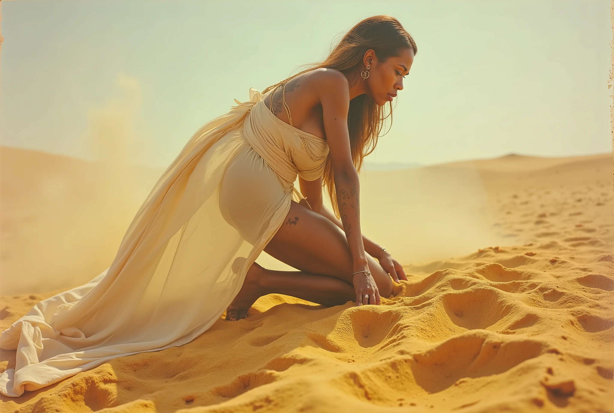 arafed (50% Nigerian, 50% Russian) 55yo dressed woman, doggy style, on all fours, crying woman in a beige large dress /(the dress is torn, dirty, transparent and long)/ in the desert sand, a hyperrealistic polaroid Photography of a woman with her hands on the ground, fingers deep in the sand, (elbows resting on the yellow and hot sand), knees rest on the dusty ground, hyperrealism, sand on the body, in the sand, covered in desert sand, she is a splendid crying mix of human races, sandstorm outside, perfect body, covered with dust and sand, hot-warm sand outside, sexy woman, covered in sand. ((profile view you see the arch of the back lower and the butt and head a little higher)). (dimensions and proportions of the body are correct and right:1.8). Her dress cover her body totally, /[very detailed skin, (realistic skin:1.2), Realistic skin details, skin imperfections, Visible skin pores, some blackheads on the skin, Skin with a little bit of hair, textured skin, Extremely Detailed Natural Skin, Skin dents]/. (tilt view, tilt low angle view:1.8), photoreporter style of photograph.