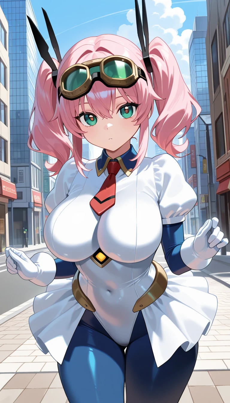 (Perfect body),Best Quality,16 K、masuter piece、(Blue and white dress)、sleeve less、(a miniskirt)、White panty、(((blush)))、:D、I have my mouth wide open、Surprised、Wavy mouth、Tsuriformes、((asymmetrical bangs))、Forehead、(short-hair)、(((bob cuts)))、(Pink eyes),((Pink hair)),(Sweat)、((Yellow tie))、(blue hairband)、(Big ass)、huge-breasted、(((thick thighs)))、spreading legs、Light blue striped panties、From below、Armpits、(Inside the spaceship)、