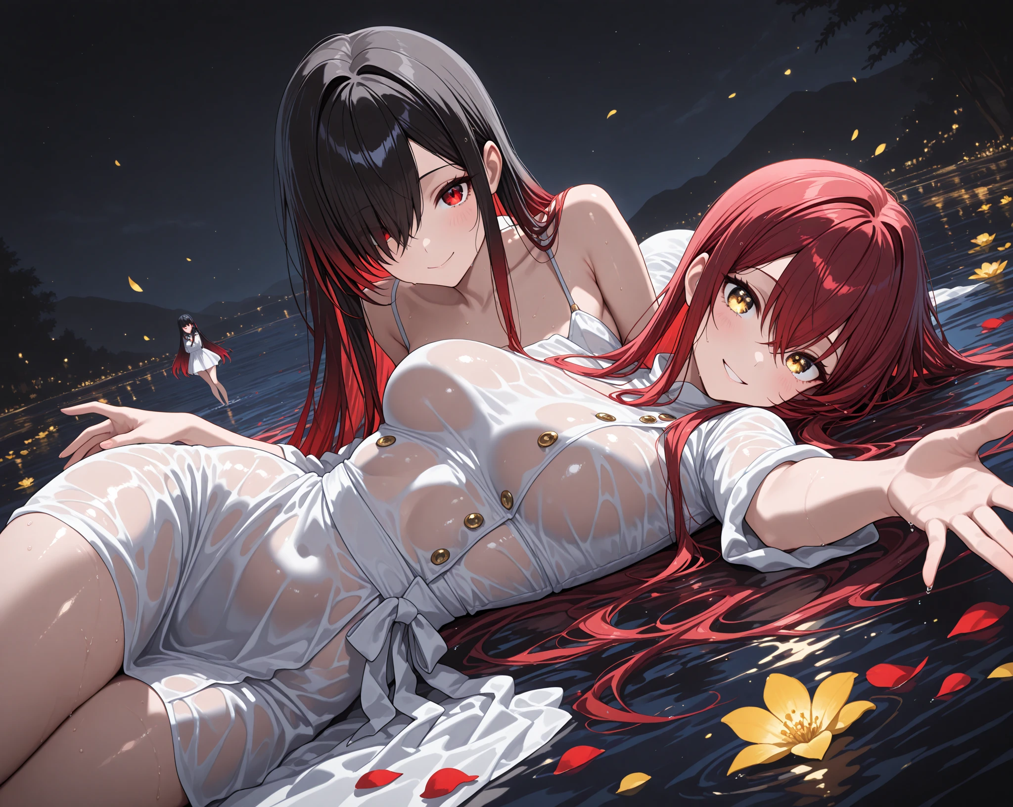 Two anime girls, one has long red hair and the other has long black hair,they have bright blue eyes,they only have a white towel in front of their breasts, they both have huge tits, they lie on top of each other on the beach and kiss, are excited and embarrassed, they touch each other,her breasts look natural
