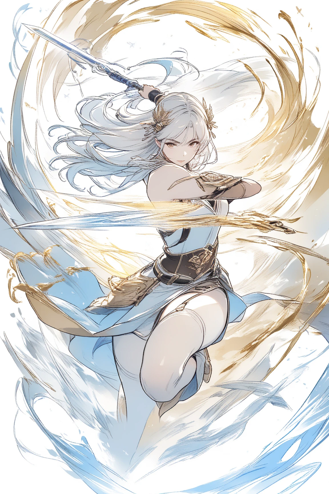 Line Art, watercolor, easy coloring, (Soft tones of gold and blue２Soft tones with only color:1.3), masterpiece, Ultra Fine, oung female warrior, (dodge attacks while jumping:1.2), slash violently with a magic sword, The tip of the sword draws an arc, (very beautiful and intelligent face), muscular body ,Long, Vibrant Hair, Soaring dust,  Tight Thighs , hair ornament, simple background, Precise Magic Sword Drawing.