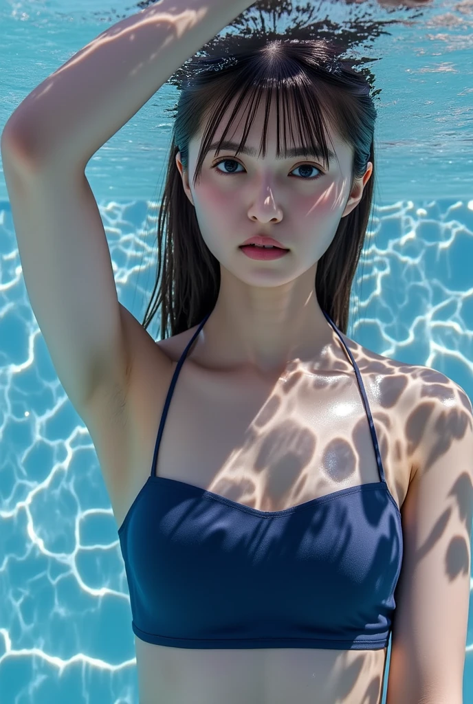 score_9, score_8_up, score_7_up, A beautiful and cute French girl with long hair, 18yo, waist-high portrait from side, natural skin texture, high nose, beautiful eyebrows, (blunt bangs:1.1), detailed facial features, wearing futuristic swimming suit with fractal pattern, complex composition, high resolution, ultra-detailed, sharp focus, 4k textures, photorealistic, warm colors, natural lighting, magical realism style, intricate background, Yaiba, beautiful large hips, beautiful back, moist skin texture, no makeup, dark circles, toned body, in the pool,