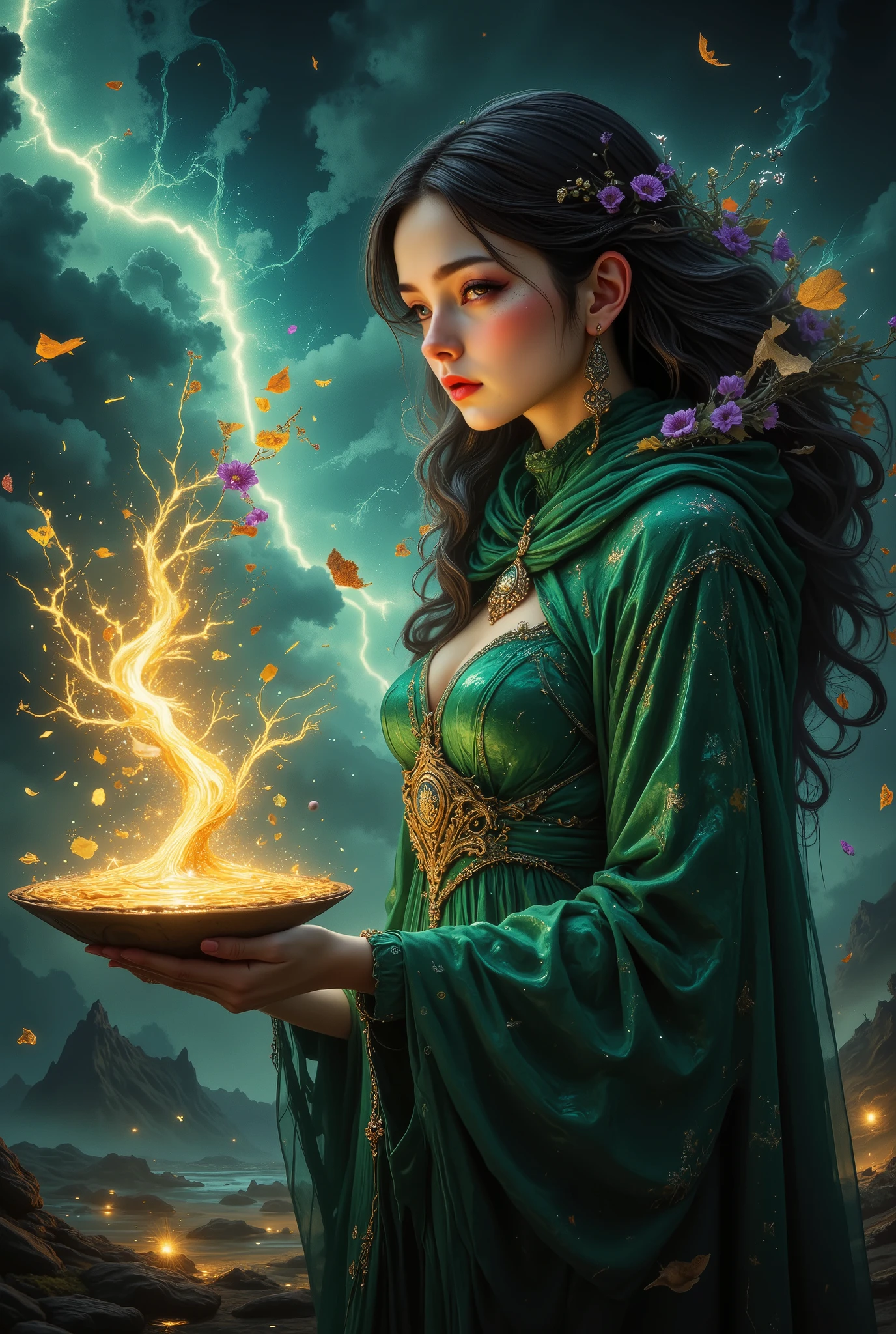 8k resolution fantasy artwork, masterpiece quality, intricate details, sharp focus. A stunning sorceress, ethnically ambiguous, appearing 25-30 years old, possesses captivatingly alluring features; high cheekbones, full lips, and piercing emerald eyes. She's clad in a flowing, emerald green gown adorned with silver embroidery, subtly revealing her figure. Her pose is graceful yet powerful; she holds a translucent, exquisitely carved wooden board, from which shimmering, gold magical powder spills onto a small, blossoming fruit branch laden with vibrant purple berries. The sorceress's expression is one of serene concentration, her body language exuding both power and grace. She stands amidst swirling, dark fantasy clouds illuminated by a dramatic, chiaroscuro lighting scheme, highlighting her ethereal beauty and the magical essence of the scene. The background features a vast, stormy sky with intensely colored, dynamic clouds, conveying a sense of wonder and mystery. The overall style is high fantasy, reminiscent of classic fantasy illustrations, emphasizing intricate details, vibrant color palettes, and dramatic lighting to convey a magical, enchanting atmosphere. The composition is a three-quarter view, with a shallow depth of field focusing on the sorceress and the magical powder. The texture is smooth on the gown, contrasted by the rough texture of the wood and the delicate texture of the fruit branch and powder. The mood is awe-inspiring, ethereal, and magical, with a hint of mystery. ArtStation trending, Alphonse Mucha, Greg Rutkowski influences.