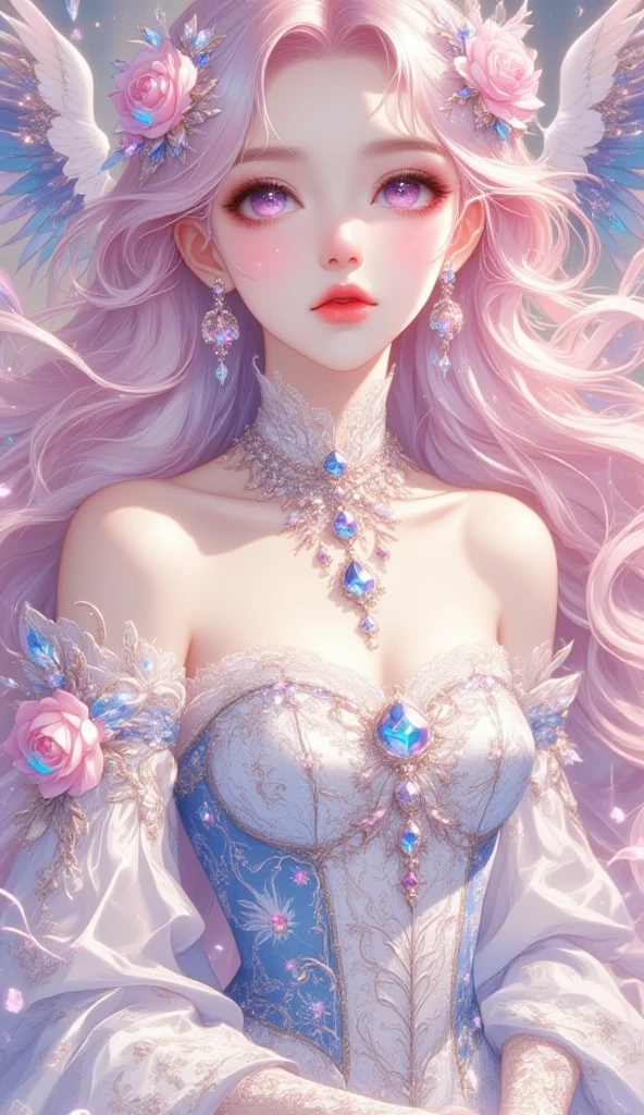 ((obra maestra)). Esta obra de arte es dulce, Dreamy, and ethereal, With soft shades of pink watercolor and many ornate cotton candy accents. Intimate Wear, Generar un fae delicado y recatado explorando un (Mundo Bubblegum con una amplia variedad de tonos pastel).(Flotando bajo) ,Su dulce rostro es extremadamente detallado y realista con rasgos elegantes., Una boca perfecta con labios hinchados y besables, y parece que ((((un elegante Micarah Tewers)))). Sus labios son de un tono rosado uniforme. Includes mature and impressive features, Ojos altamente realistas. Sus ojos son importantes y deben ser realistas, Altamente detallado, y hermoso. In high definition and detail, Incluye muchos detalles como estrellas, galaxias, burbujas de colores, colorful petals, goteo de pintura brillante, Iridiscencia, and lots of energy and excitement. Las estrellas y las coloridas burbujas de chicle son importantes! Includes fantasy details, Detalles mejorados, Iridiscencia, Viento colorido y brillante, y polen. Pay special attention to your face and make sure it is beautifully detailed and realistic... camera: This art is dreamy and ethereal and the camera should emphasize those traits..... Crea algo que sea sorprendentemente hermoso con tonos de hadas. Use dynamic composition techniques.