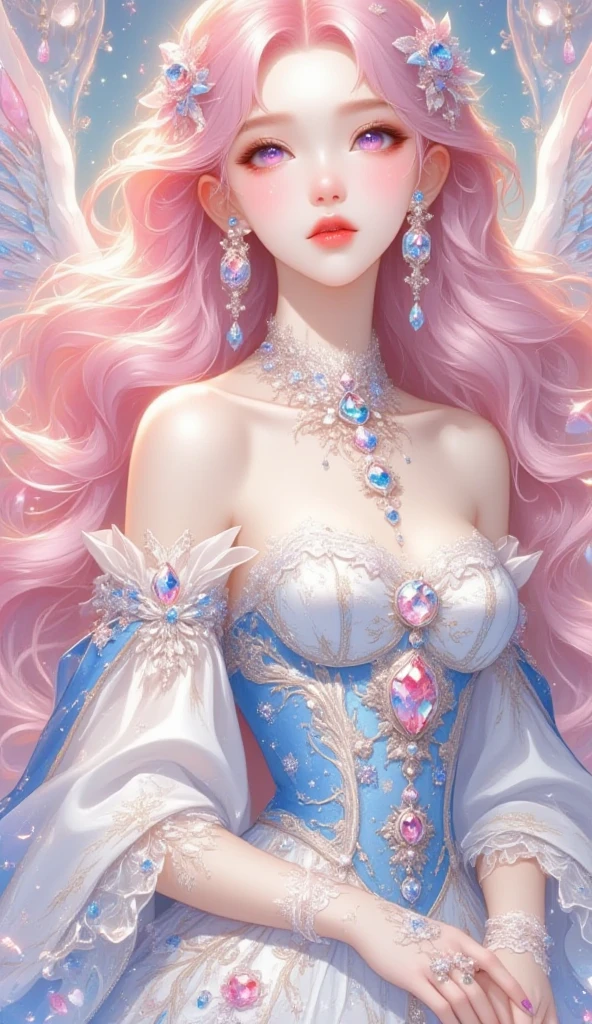 Cotton Candy Queen Women Goddess 8k Resolution Rendered Hyper Realistic Intricate Detail lives in an frosty heart shaped ice bubble, a fanciful place filled with castles, cotton candy, swans lakes and fluffy clouds, An intricate visual representation of computer programing, rendered in 24k resolution with intricate details and symbols.