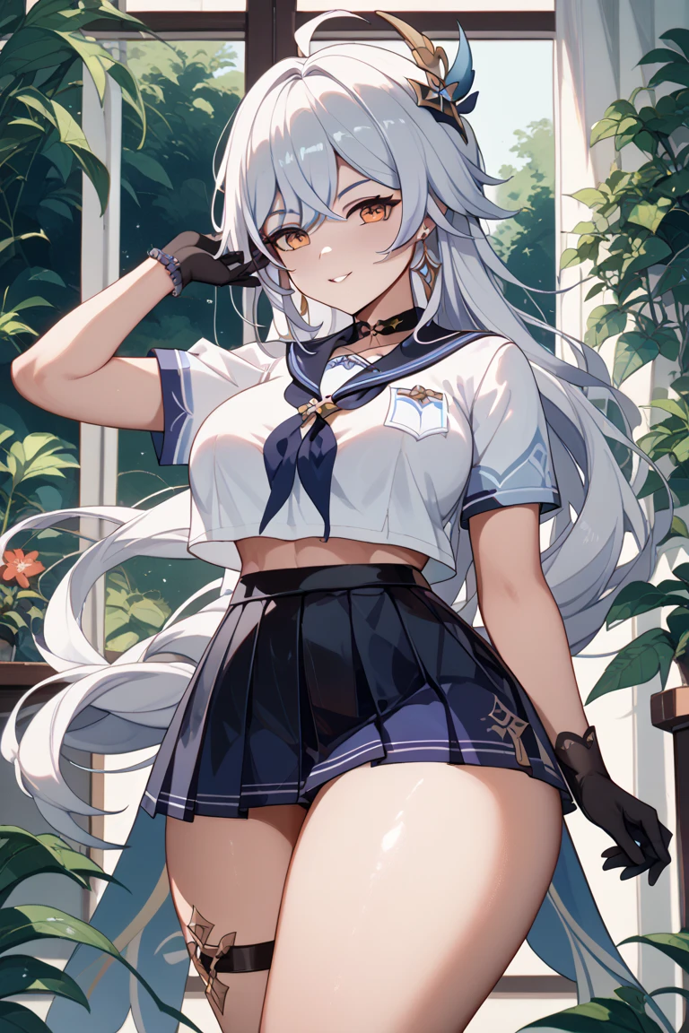 ((masterpiece)), ((best quality)), ((highres)), ((extremely detailed CG unity 8k wallpaper)), solo, tachibana kanade, tan school uniform, black skirt, white socks, outdoors, face, curtained hair, night, beach, cloud, parted hair, silver hair, lift up, belly
