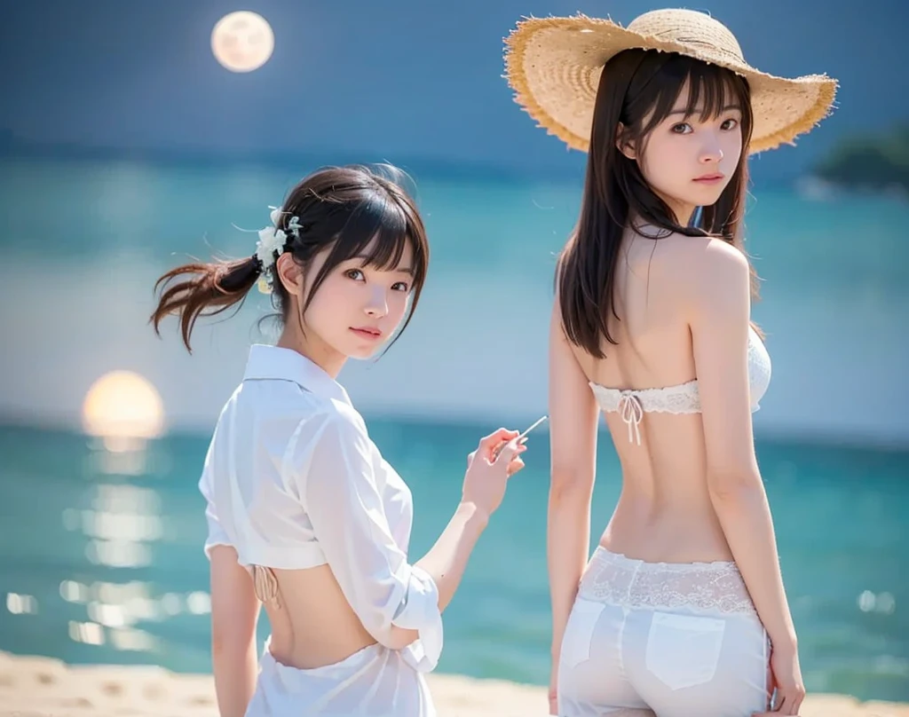 beautiful images、universe、fantasy、moon、shooting start or herd、teenage girl、black eye、hair is bob、cute face、starry sky、Japanese、high school girl、thunder、underwear、cute breasts