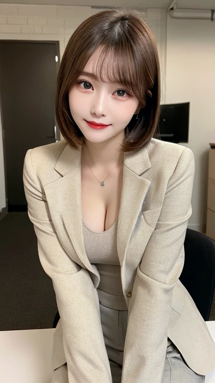 (((masterpiece))), Ultra-high resolution, (8K), (((Looks super realistic))), Highest quality, Ultra fine, ((Anatomically correct)), Cinematic lighting, (Super beautiful sexy 29 year old woman), ((Only one person)), Oval Face, Beautiful Face, smirk, Natural Makeup, Detailed big eyes, double eyelid, Detailed eyebrows, Thick lips, ((Short hair:1.3)), ((PinkBrown hair color:1.2)), Detailed skin texture, Glowing Skin, Alluring large breasts:1.3, Perfect and beautiful body, Seductive big ass, Detailed and perfectly fitted outfit, (((Sexy black pinstripe business suit))), Gorgeous necklace, Gorgeous earrings,