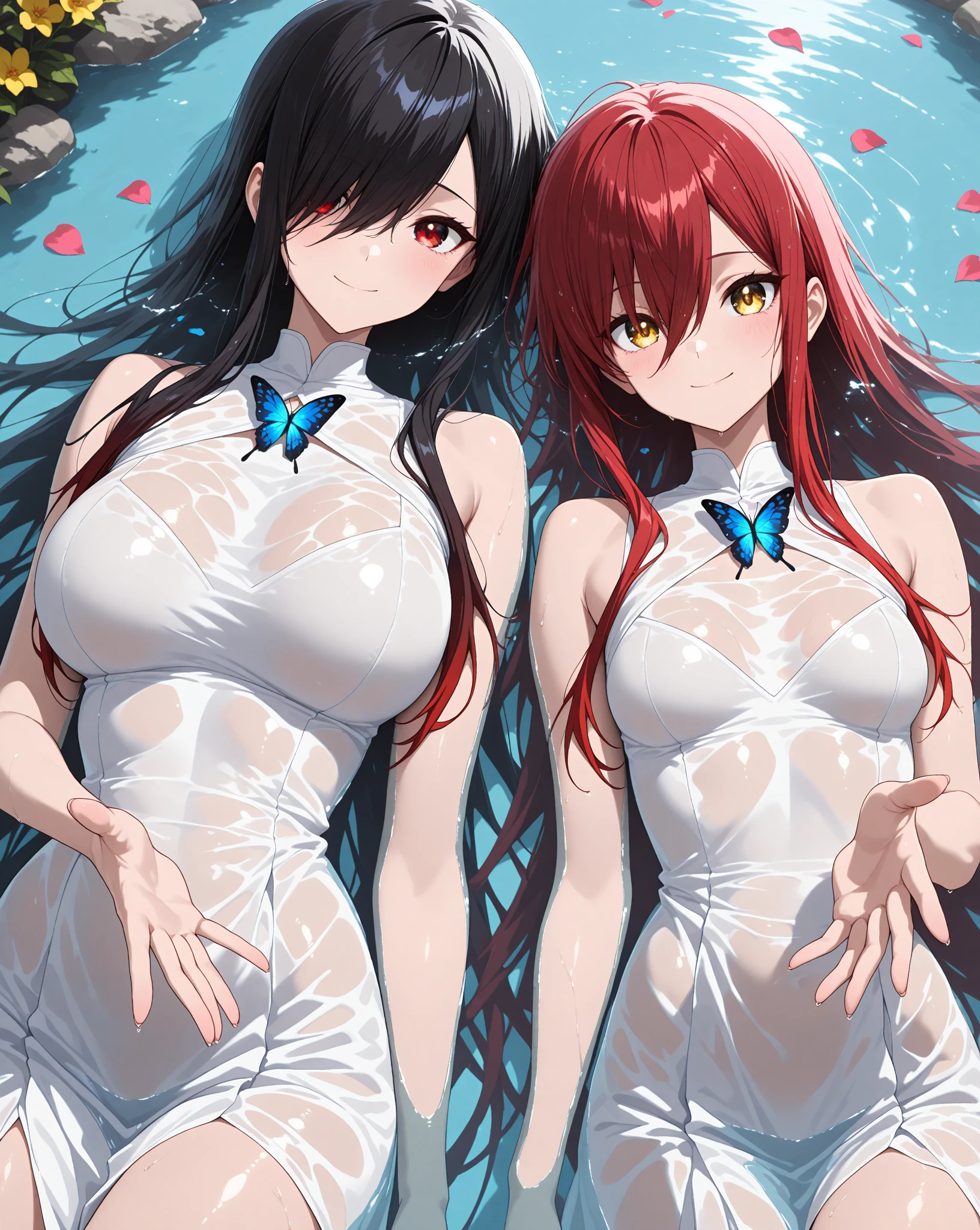 Tabletop, highest quality, Medium orange hair, Virgin-killing clothes, Large exposure of the chest, Big eyes, Cute Face, Realistic, Big Ass, Big Breasts, Her breasts and buttocks are completely visible, Pay attention to the butt, Orihime Inoue, A woman alone in the park,  Red ribbon around neck., Slender body, Bleach Anime, Orihime, Gorgeous sheer panties, Wet body, Crouch down, M-shaped legs, Showing off your crotch, Open your knees wide