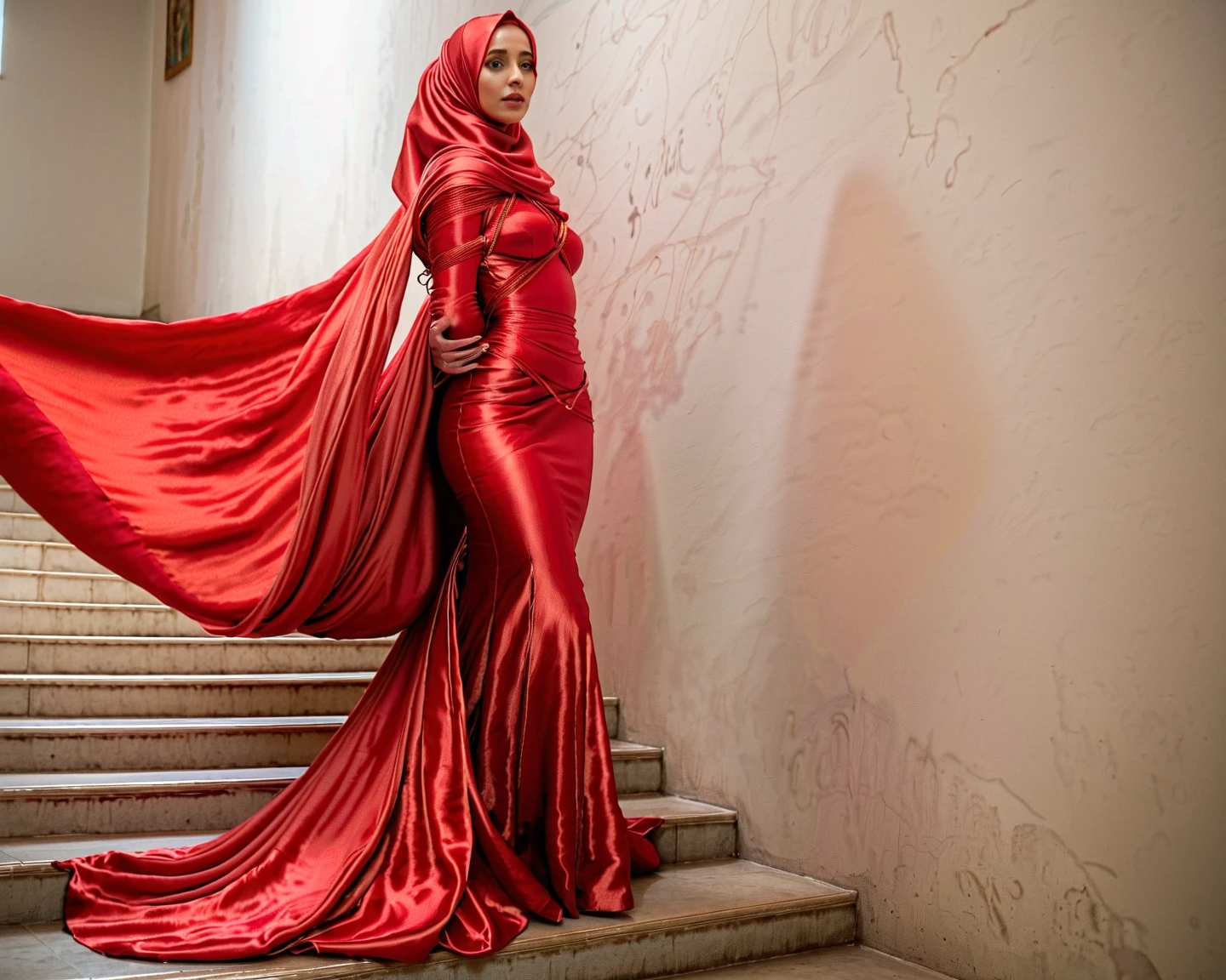 RAW, Best quality, high resolution, masterpiece: 1.3), 1 beautiful women wearing translucent red night gown,wearing a sexy peplum blazer, 20 years old, perfect fit body, full body, half naked, wearing satin hijab, mermaid tight long gown, flowy dramatic long gown,very long flor length gown, in office room,
sexy face, sexy pose, wear high heels, masterpice, hyper realistic, modern hijab, (cleavage cutout), Excellent lighting, Bright colors, Clean lines