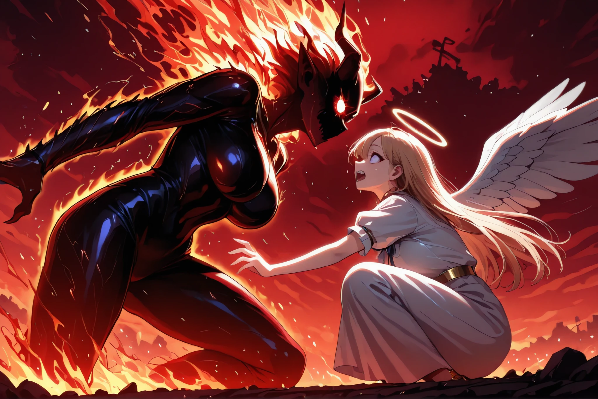 angel scared, (angel dashed eyes):1.5, perfect fingers, perfect eyes; Quality: masterpiece, best quality, amazing quality, ultra-detailed, highly aesthetic, absurdres, (4k,8k,Ultra HD), newest, very awa, highres; glowneon,glowing,sparks,lightning, hauntedglow, glowing eyes, nfxlyria